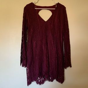 Super cute dark red lace long sleeve dress